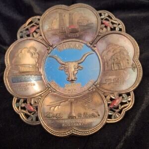 Texas Longhorn Souvenir Tray Metal Enameled Copper Bronze Tone Vintage Japan